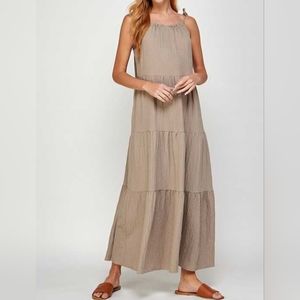 #554 🛑L NEW! MOCHA Tie Shoulder Tiered Maxi Dress
